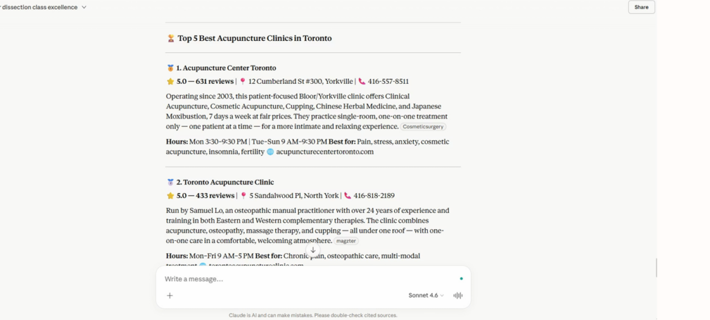 Claude AI showing top acupuncture clinics in Toronto search results